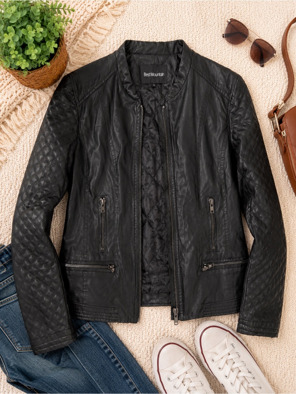 Women's Black Quilted Faux Leather Jacket